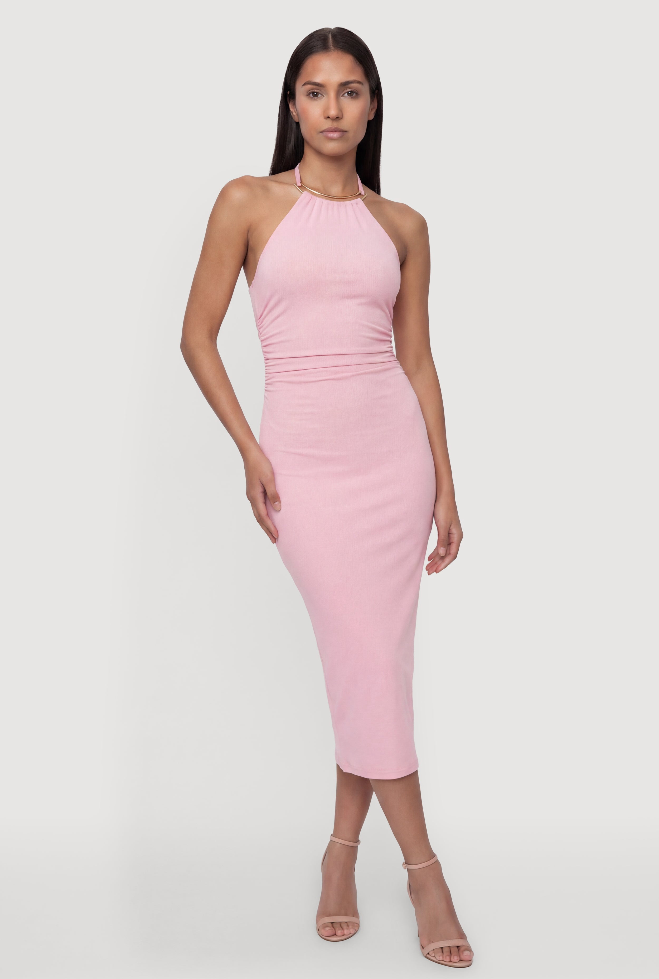 high neck metallic ruched midi dress One Shoulder Metallic Ruched Midi Gown - SMALL / YELLOW