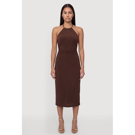 Women's Metallic Neck Detail Side Ruched Midi Dress
