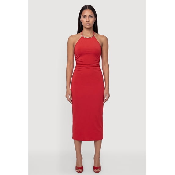 Women's Metallic Neck Detail Side Ruched Midi Dress