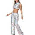 thumbnail image 1 of Women's Metallic Outfits 2 Piece Shiny Sets Shinny Sleeveless High Neck Crop Top High Waist Sweatpants Holographic Jogger Hip Hop 2PCS Clubwear Matching Sets for Party, 1 of 5