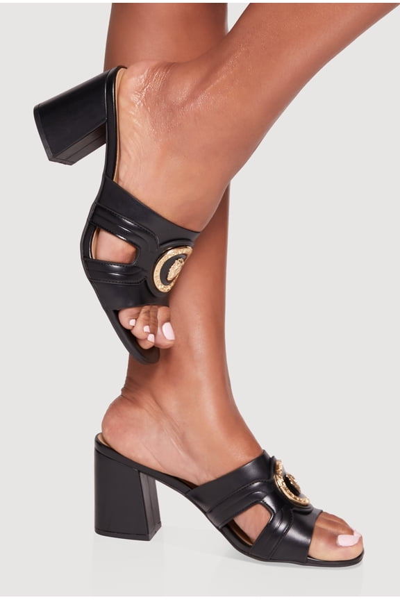 Women's Metallic Pendant Cut Out Band Block Heel Sandals