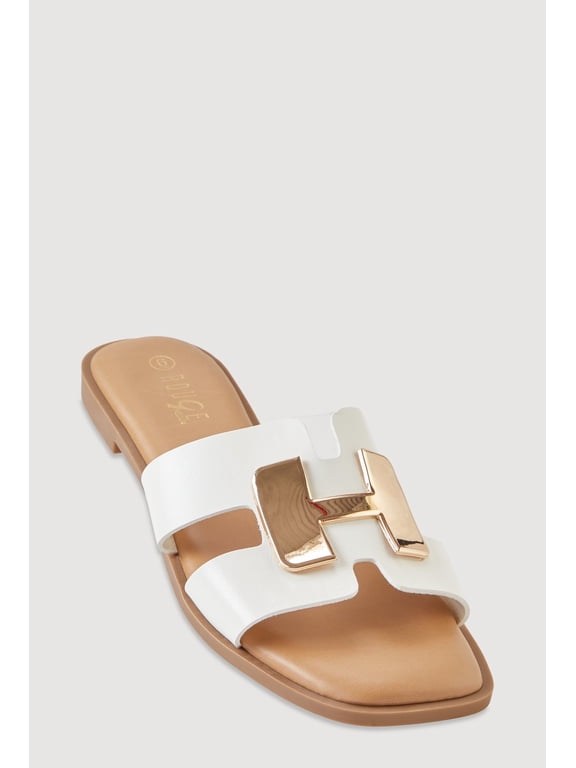 Women's Metallic Pendant Cutout H Band Slide Sandals
