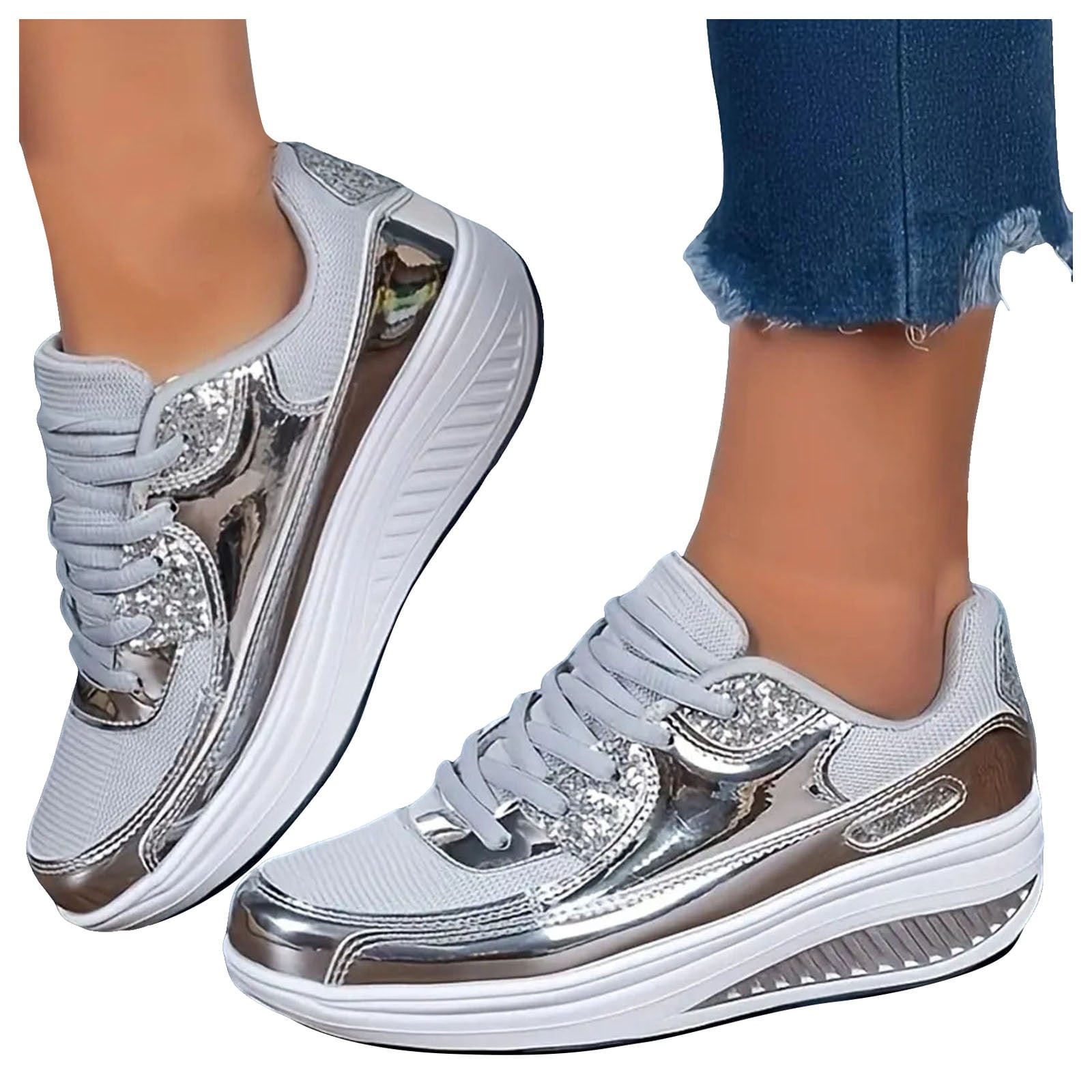 Women's Metallic Platform Walking Shoes Sparkly Sequin Casual