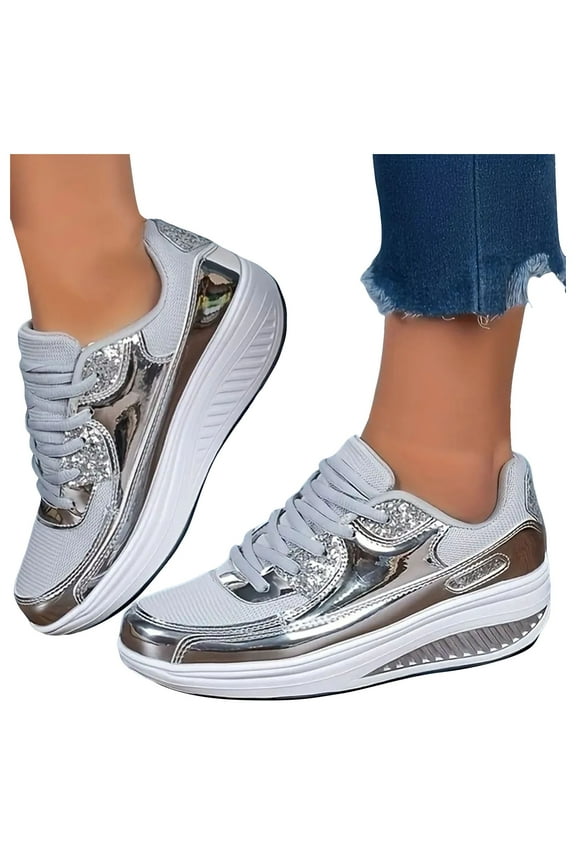 Women's Metallic Platform Walking Shoes Sparkly Sequin Casual Chunky Wedge Low Top Running Fashion Sneakers