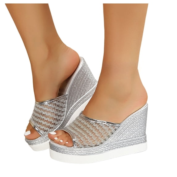 Women's Metallic Platform Wedge Sandals Chunky Non Slip Beach Walking Slides Open Toe Breathable Mules