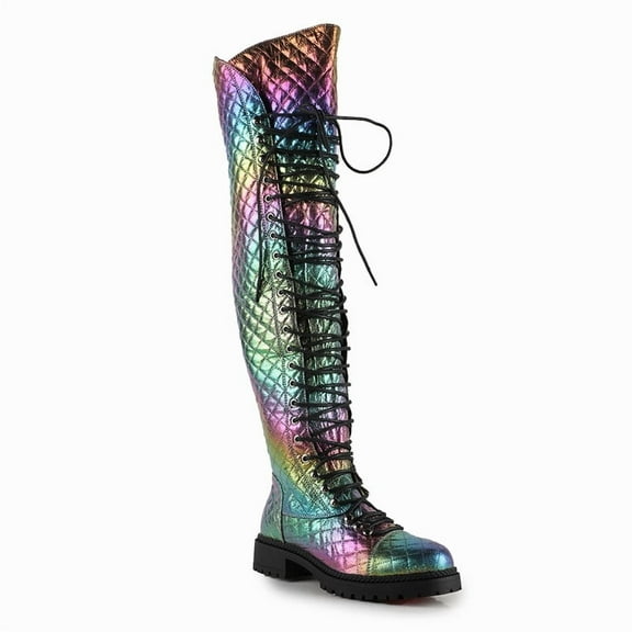 Women's Metallic Rainbow Over the Knee Riding Combat Boot