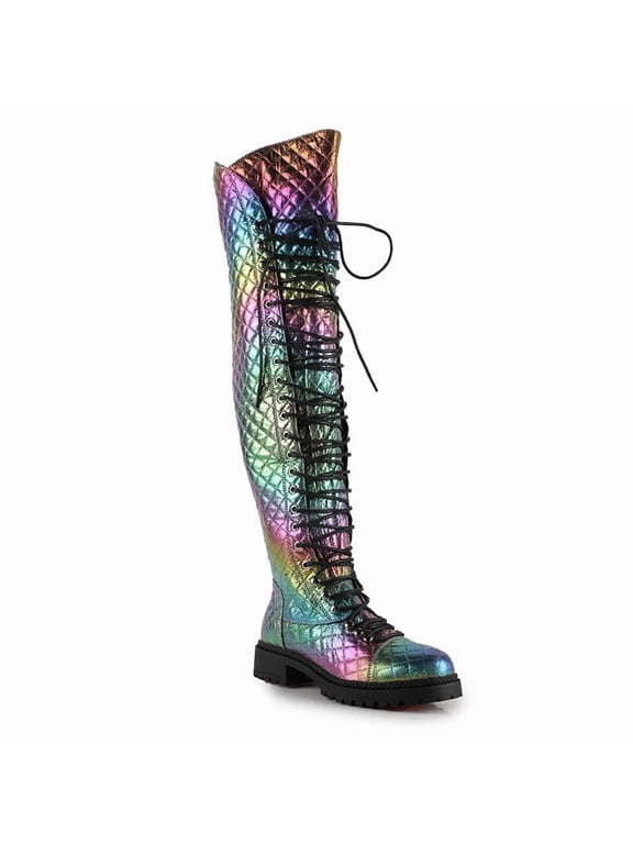 Women's Metallic Rainbow Over the Knee Riding Combat Boot