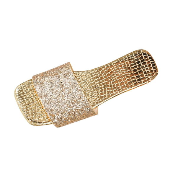 Women's Metallic Rhinestone Sandals Square Open Toe PU Leather Glitter Slippers Women's Metallic Flat Sandals Square Open Toe Summer Dressy Slip on Slide Sandals