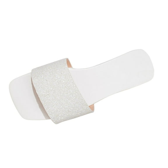 Women's Metallic Rhinestone Sandals Square Open Toe PU Leather Glitter Slippers Women's Metallic Flat Sandals Square Open Toe Summer Dressy Slip on Slide Sandals