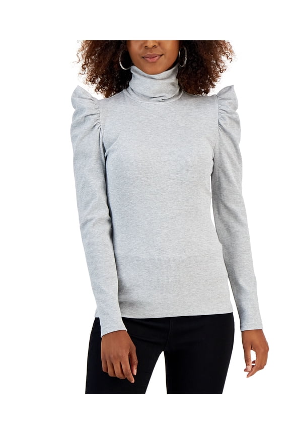 Women's Metallic Ribbed Puff-Sleeve Turtleneck Top Silver Metallic S