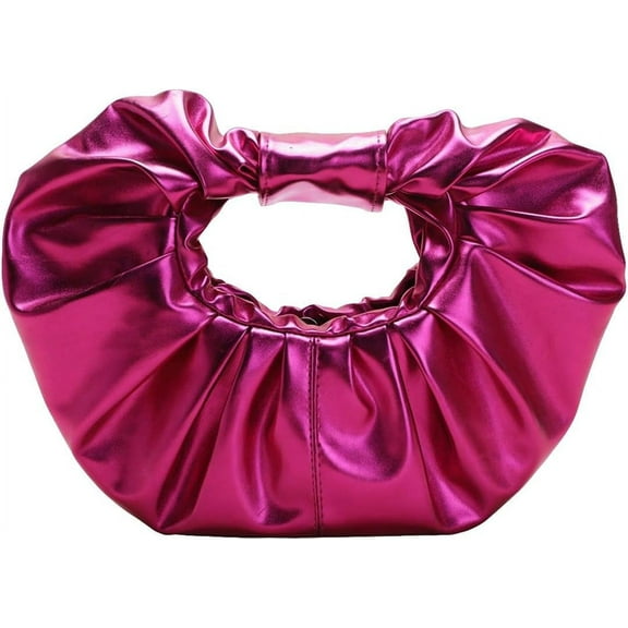 Women's Metallic Ruched Handbag Leather Clutch Purse Dumpling Pouch Bag