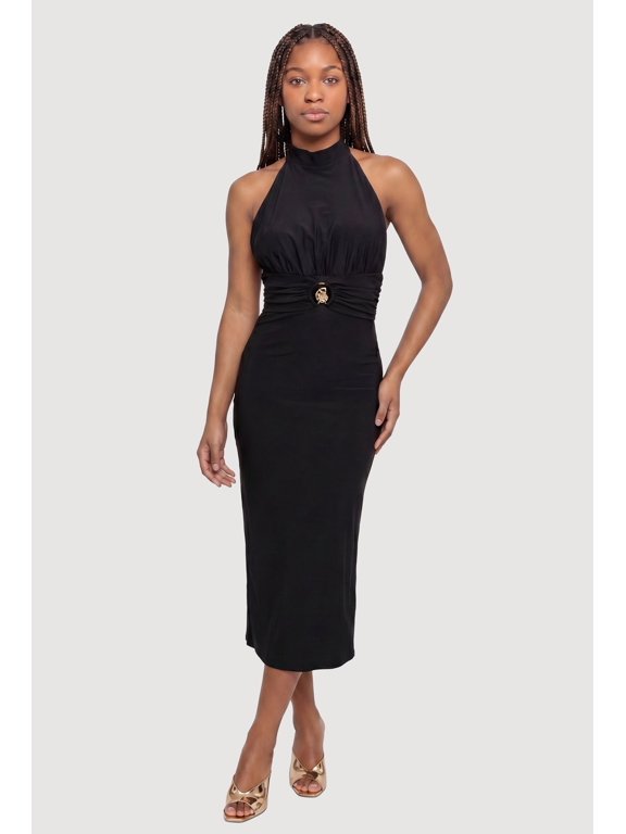 Women's Metallic Seashell Detail Sleeveless Halter Neck Midi Dress