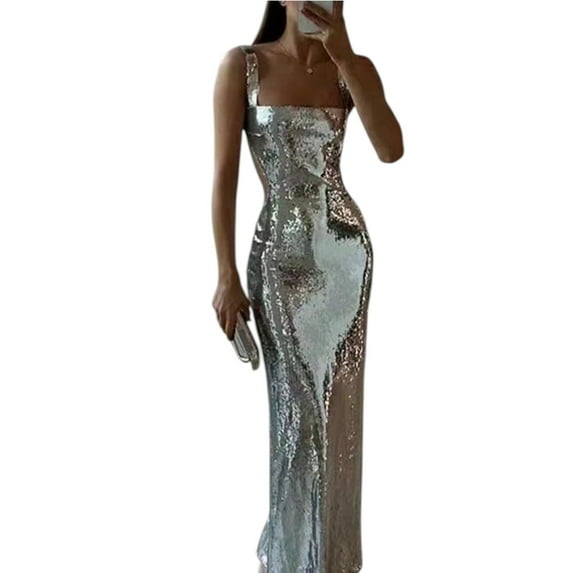 Women's Metallic Sequin Backless Fishtail Dress Square Neck Sleeveless Wedding Party Gown
