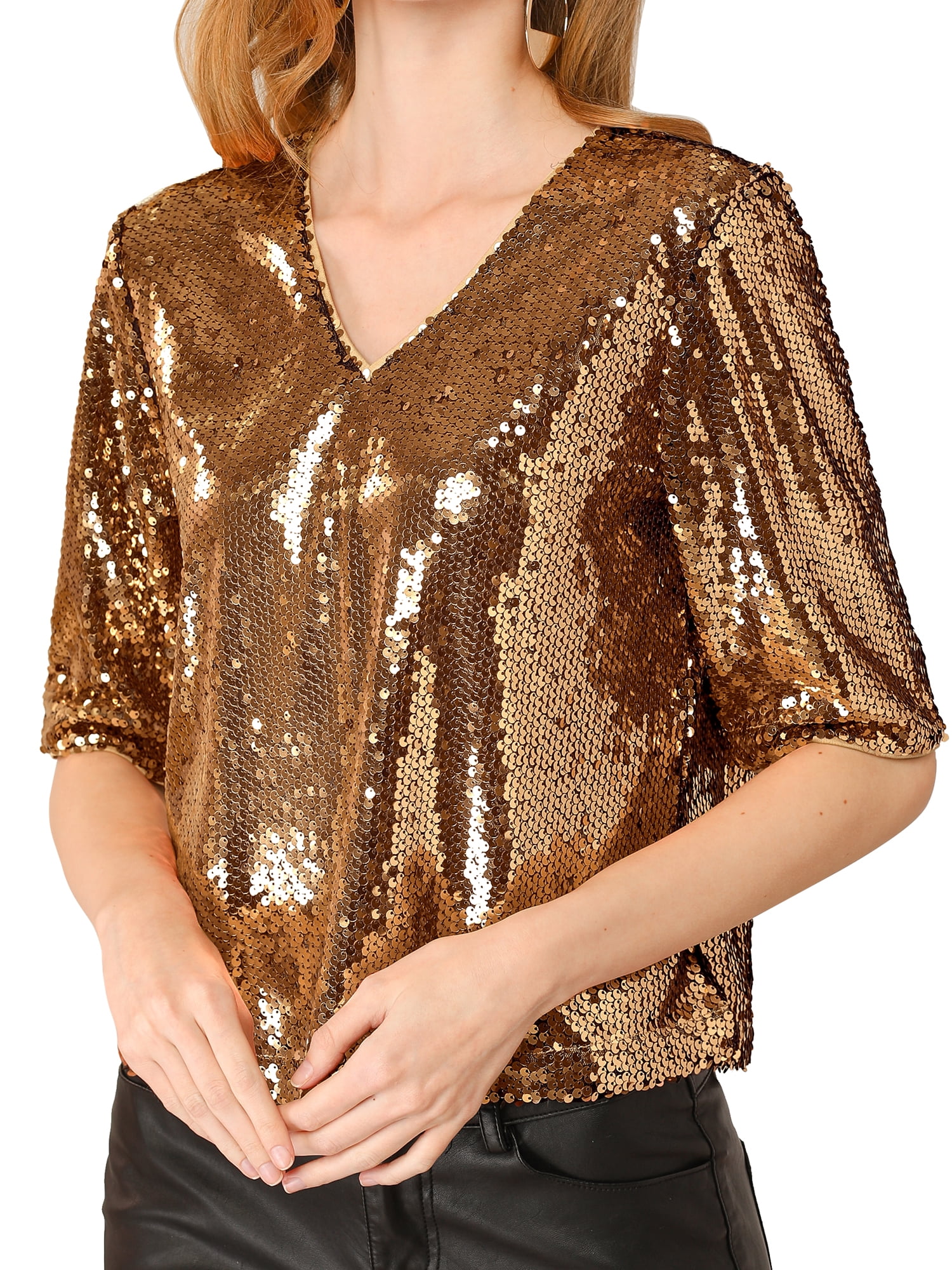 Women's Metallic Sequin V Neck Sparkle Glitter Shiny Blouse