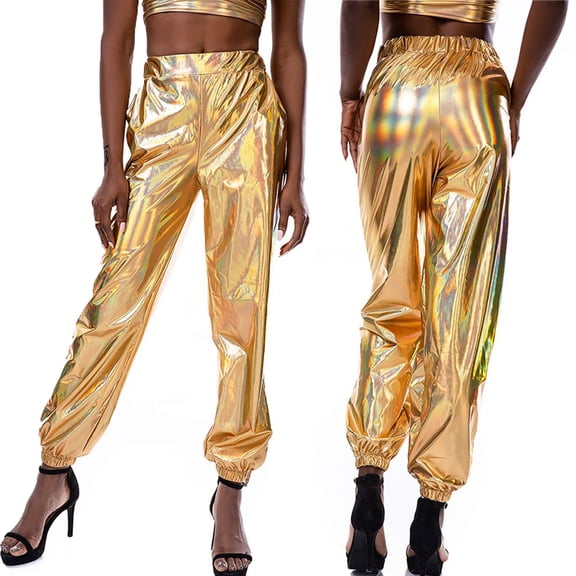 Women's Metallic Shinny Pants, Fashion High Waist Tapered Jogger Punk Hip Hop Holographic Trousers Streetwear Dance Pants