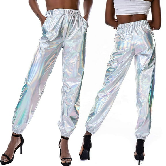 Women's Metallic Shinny Pants, Fashion High Waist Tapered Jogger Punk Hip Hop Holographic Trousers Streetwear Dance Pants