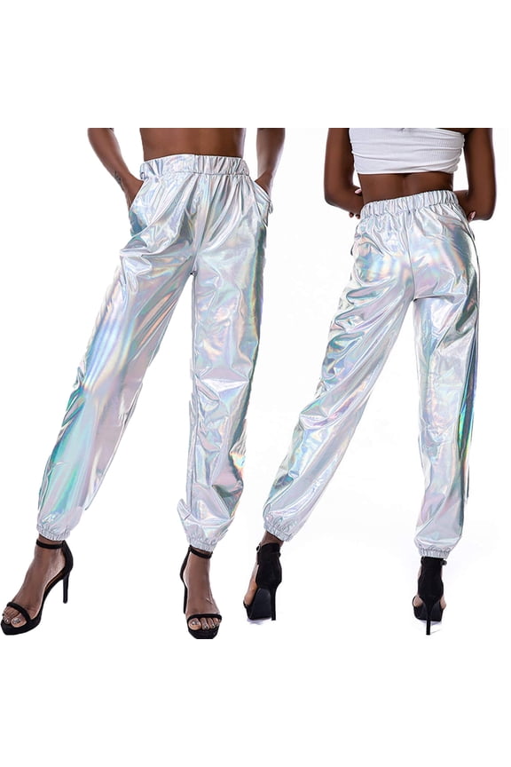 Women's Metallic Shinny Pants, Fashion High Waist Tapered Jogger Punk Hip Hop Holographic Trousers Streetwear Dance Pants