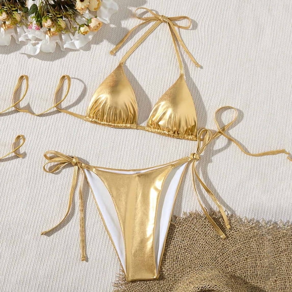 Women's Metallic Shiny Bathing Suit High Waisted Triangle Tie Side Swimsuit Bikini Set