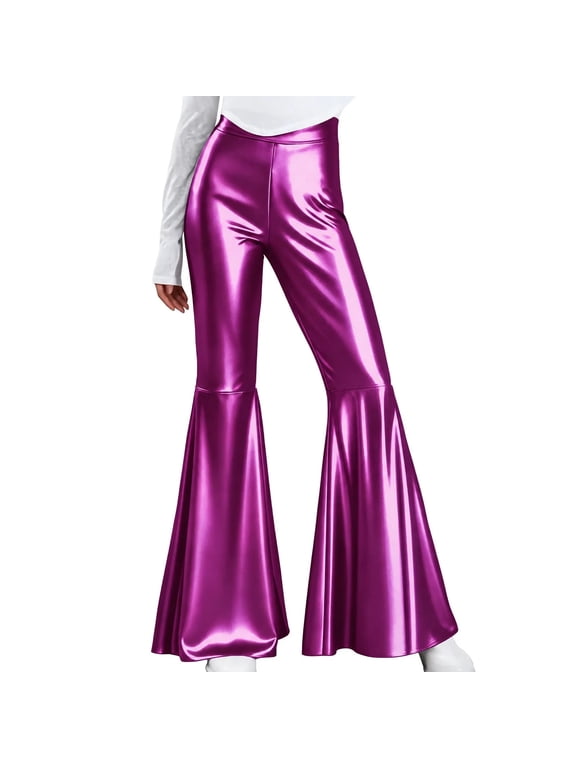 Women's Metallic Shiny Flare Pants High Waisted Bell Bottom Leggings Party Disco 70s Dance Night Out Rave Costume Holiday Vintage Trousers Purple