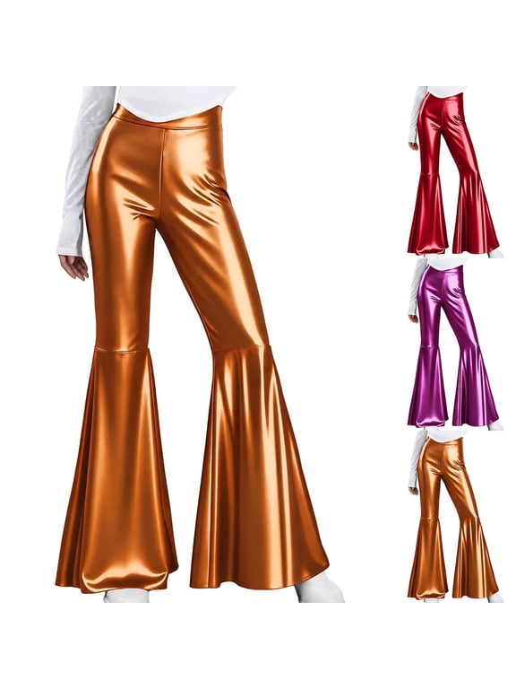 Women's Metallic Shiny Flare Pants High Waisted Bell Bottom Leggings Party Disco 70s Dance Night Out Rave Costume Holiday Vintage Trousers Red