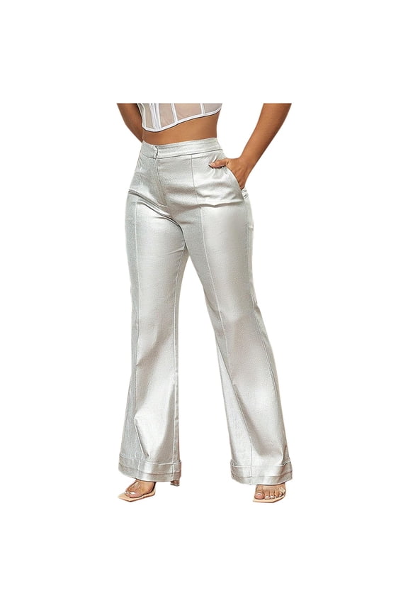 Women's Metallic Shiny High Waisted Dress Pants Vintage Business Casual Flare Wide Leg Party Trousers with Pockets