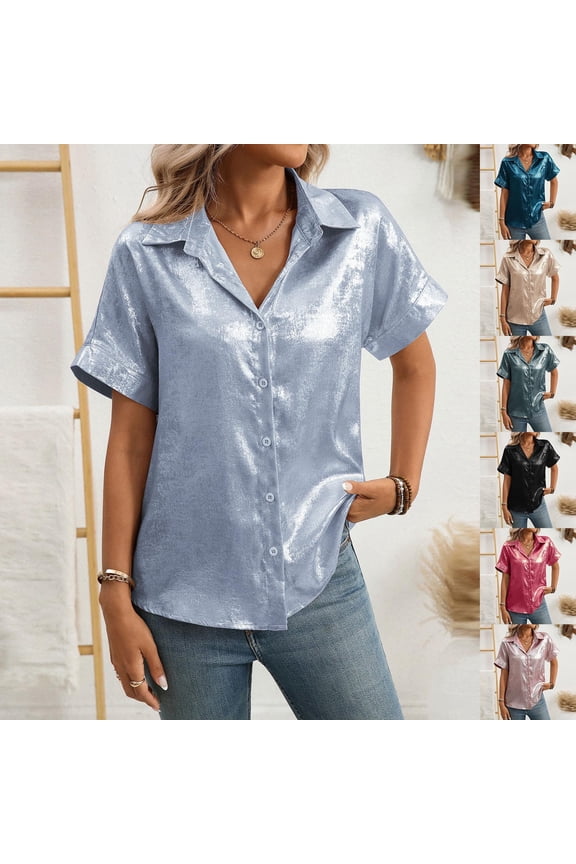 Women's Metallic Shiny Shirts Liweisiy Collared Band Cotton Down Short Sleeve Blouse Summer Tredny Casual Loose Tops Green L