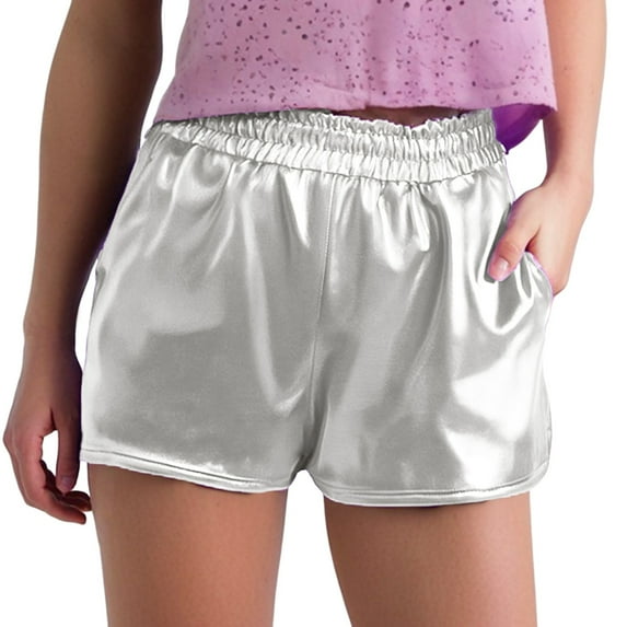 Women's Metallic Shiny Shorts - Elastic Waist Rave Dance Pants with Pockets, 92% Polyester, S-XXL
