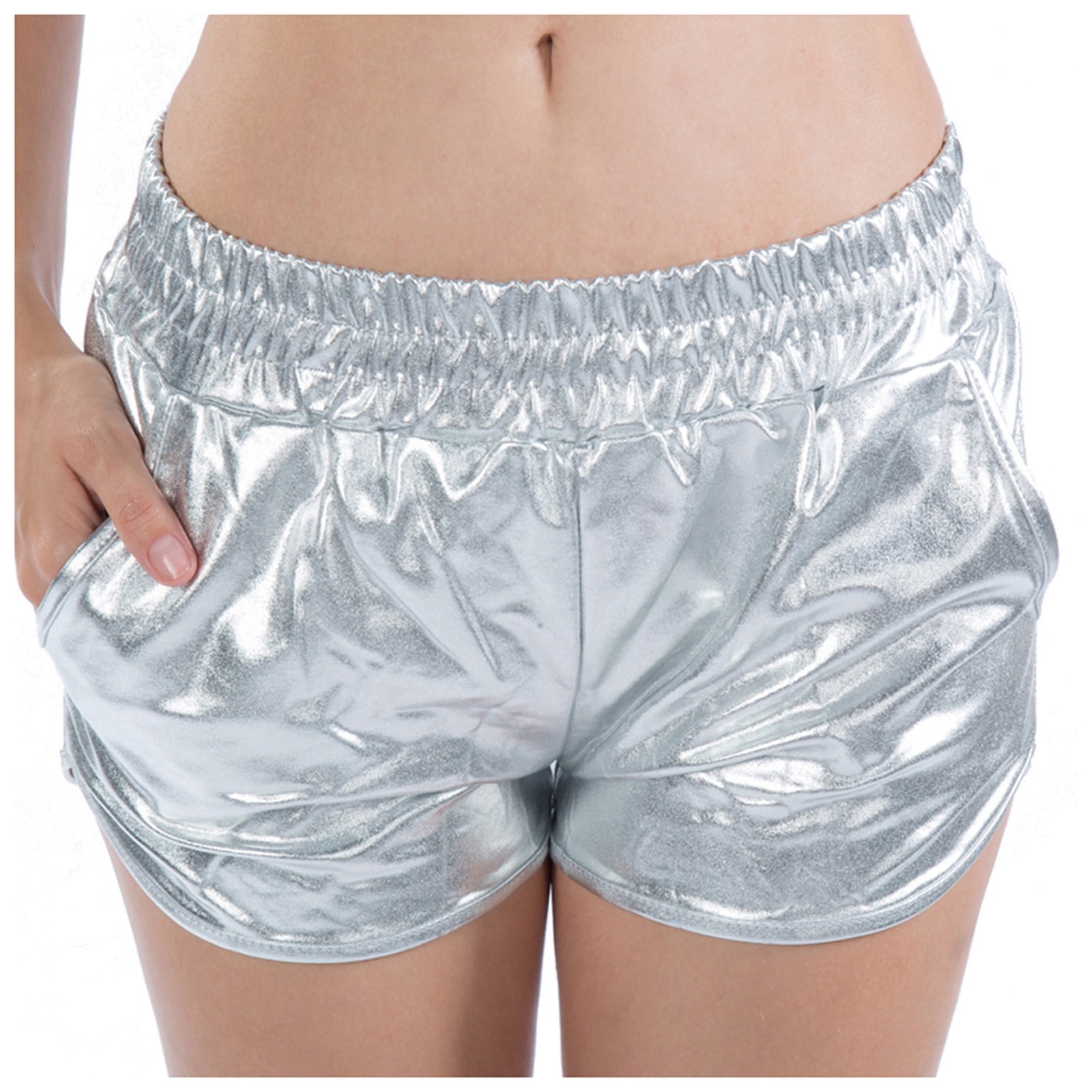 Women's Metallic Shorts Shiny Pants Yoga Sparkly Hot Drawstring Outfit Elastic Waist Rave Booty