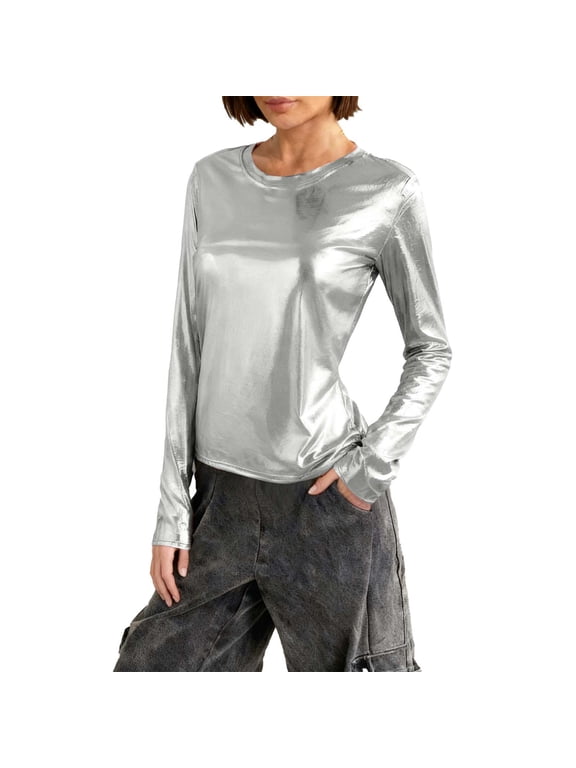 Women’s Metallic Silver Long Sleeve Shirt, Shiny Crew Neck Tops for Women, Lightweight Reflective Finish Casual Blouse, Stylish Fitted Pullover Tops