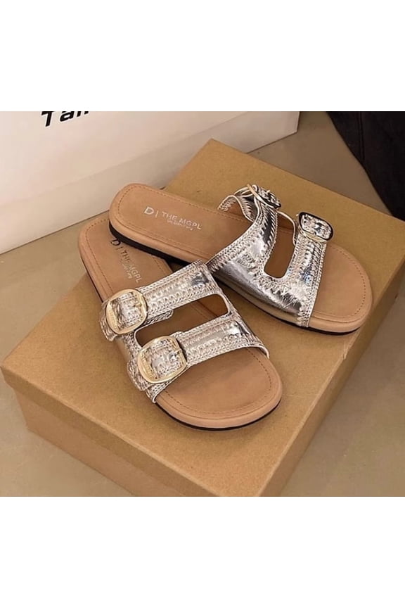 Women's Metallic Slide Sandals with Double Adjustable Buckle Straps - Comfortable & Stylish Summer Footwear