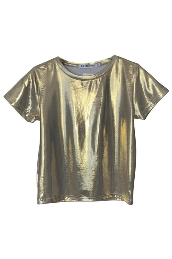 Women's Metallic Slim Tops Round Neck Solid Color Bright Face Tshirts Short Sleeved Loose Bottom Blouses Streetwear A-Gold XXL