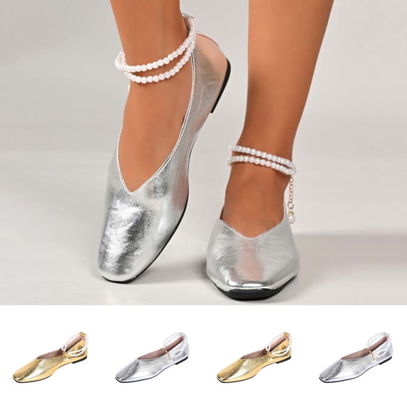 Women's Metallic Square Toe Flats with Pearl Ankle Strap, Plus Size Comfortable Slip On Casual Work Shoes, Lightweight Loafers for Daily Wear Office Shopping