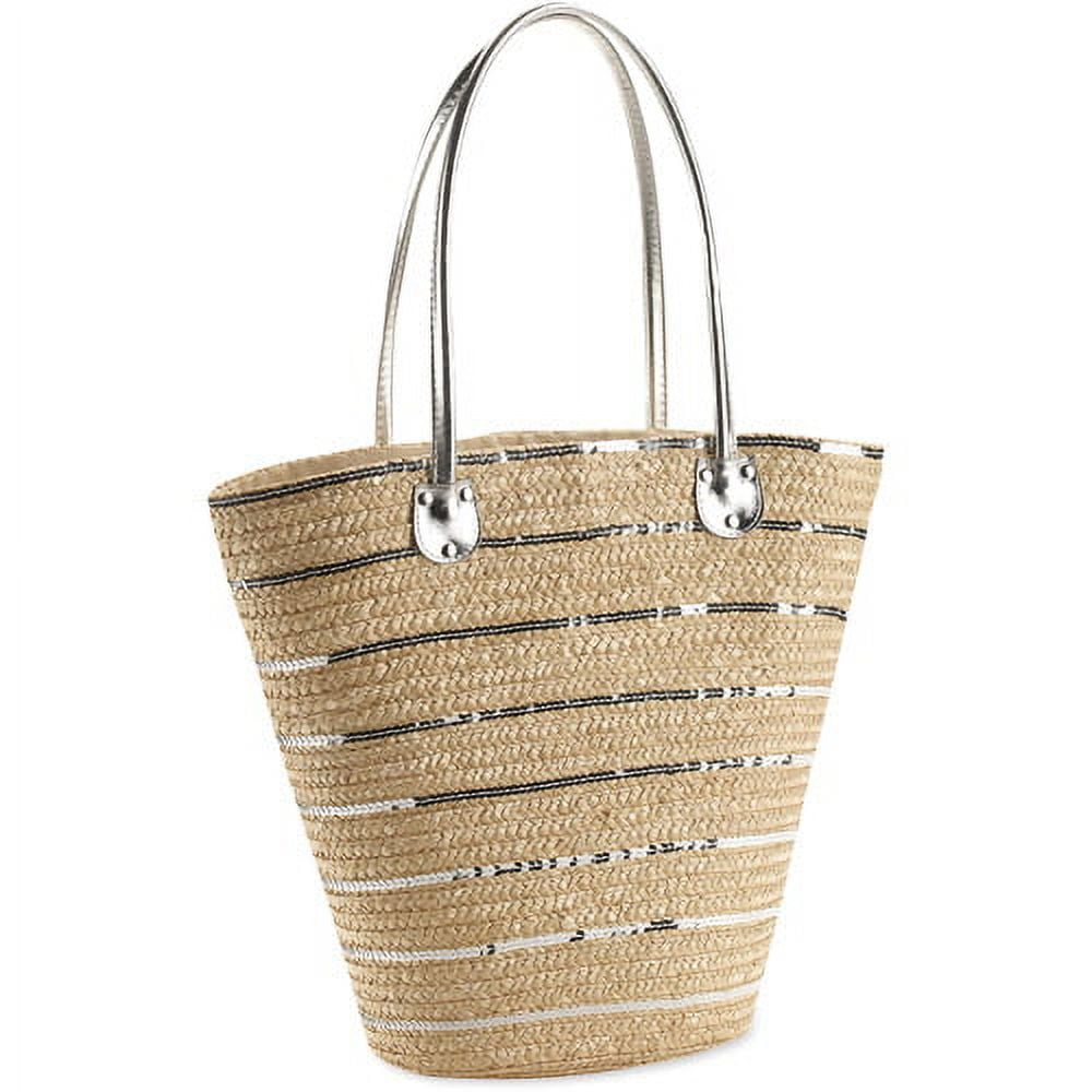 Women's Metallic Striped Straw Tote Bag