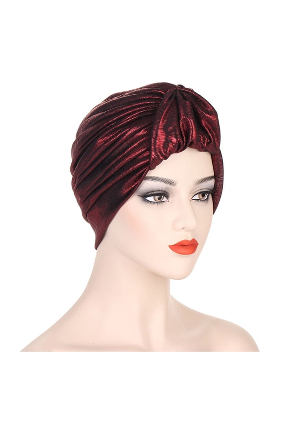 Women's Metallic Thread Wrinkled Turban Cap, Fashionable Puffed Head Scarf with Beaded Details for Chemotherapy Patients, Luxury Headwear for Special Occasions and Daily Fashion