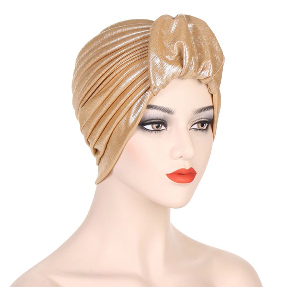 Women's Metallic Thread Wrinkled Turban Cap, Fashionable Puffed Head Scarf with Beaded Details for Chemotherapy Patients, Luxury Headwear for Special Occasions and Daily Fashion