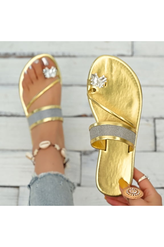 Women's Metallic Toe Ring Slide Sandals Rhinestone Butterfly Flip Flops (Gold 7)