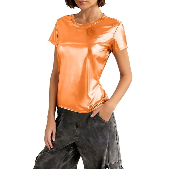 Women's Metallic Tops Fitted Shiny Short Sleeve Tees Crew Neck T-shirts Dancing Festivals Disco Party Outfits (XL, Orange)