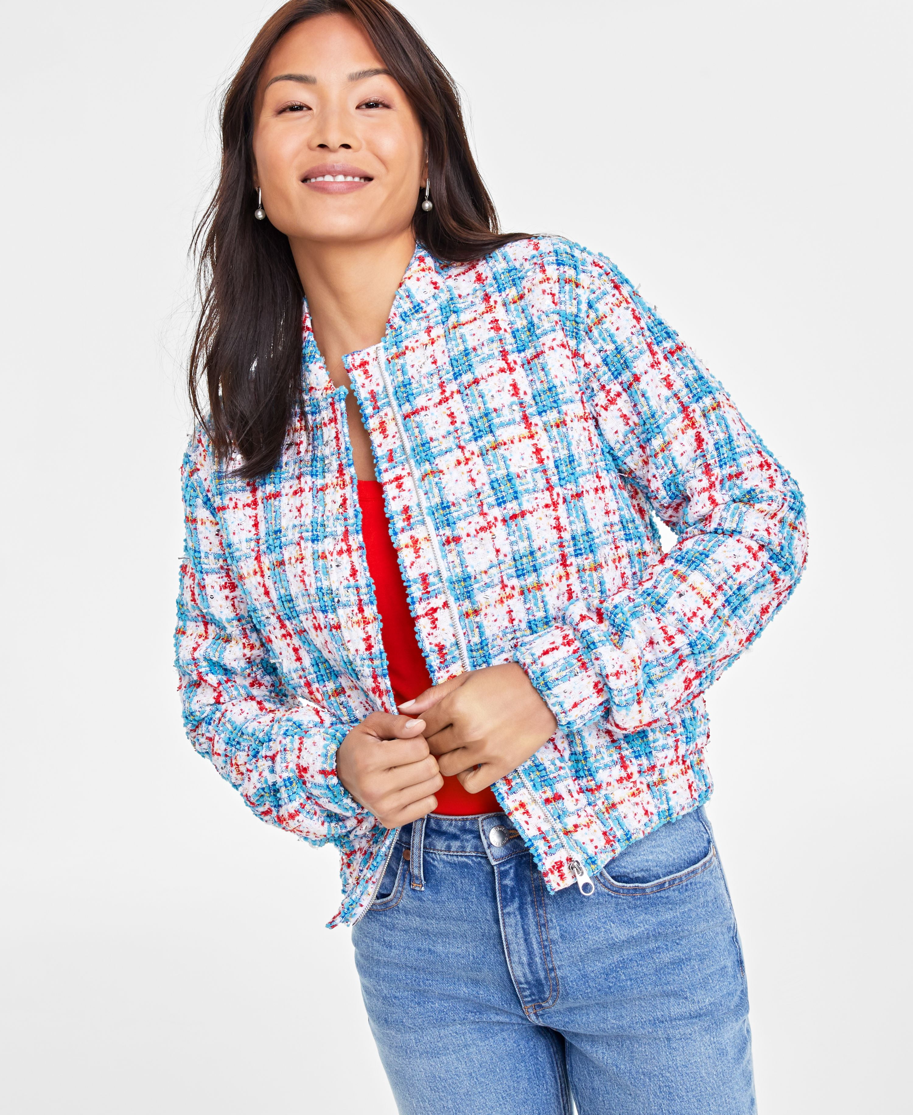 Women's Metallic Tweed Bomber Jacket Sky Blue Combo S