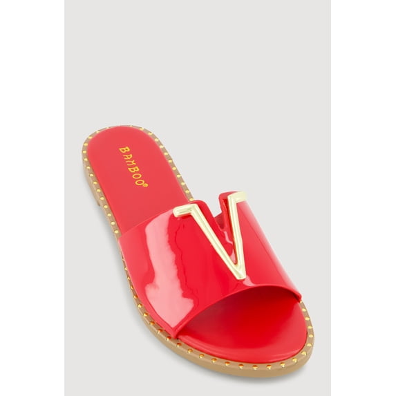 Women's Metallic V Pendant Notched Band Slide Sandals