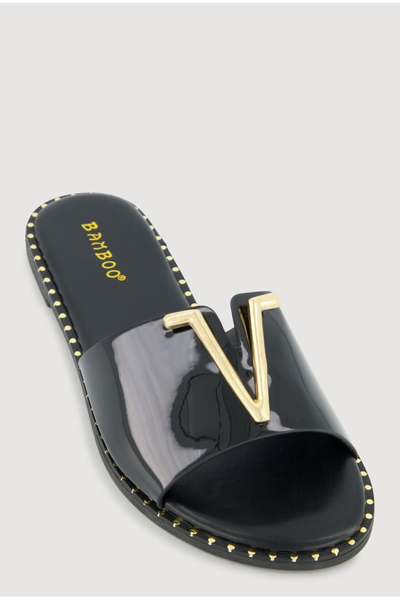 Women's Metallic V Pendant Notched Band Slide Sandals