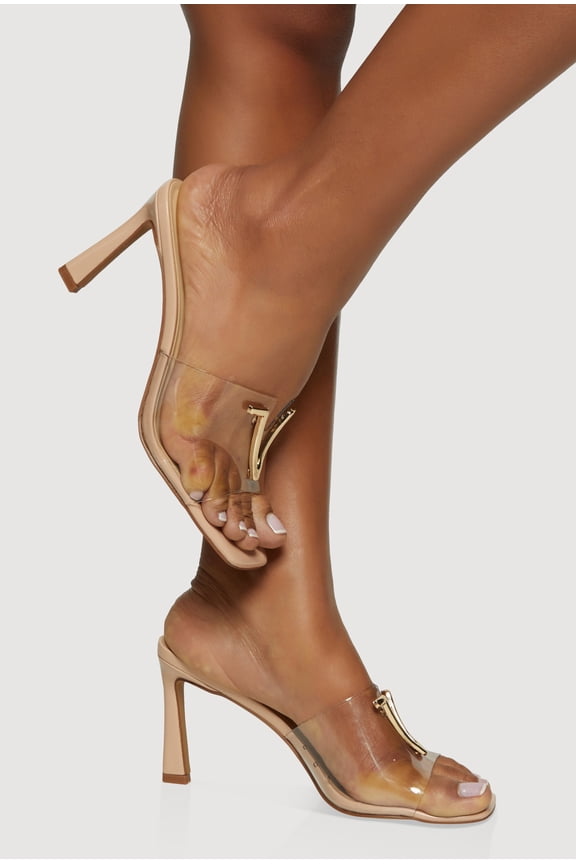 Women's Metallic V Pendant Open Toe High Heel Mules