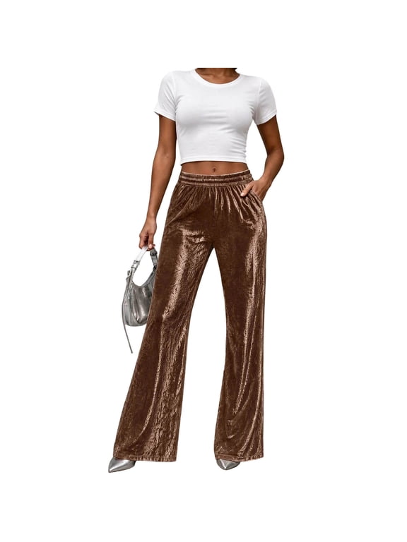 Women's Metallic Velvet Wide Leg Pants High Waist Elastic Waistband Shiny Elegant Dressy Party Holiday Flare Trousers with Pockets Fall Winter Brown