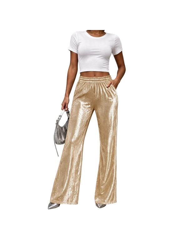 Women's Metallic Velvet Wide Leg Pants High Waist Elastic Waistband Shiny Elegant Dressy Party Holiday Flare Trousers with Pockets Fall Winter Gold