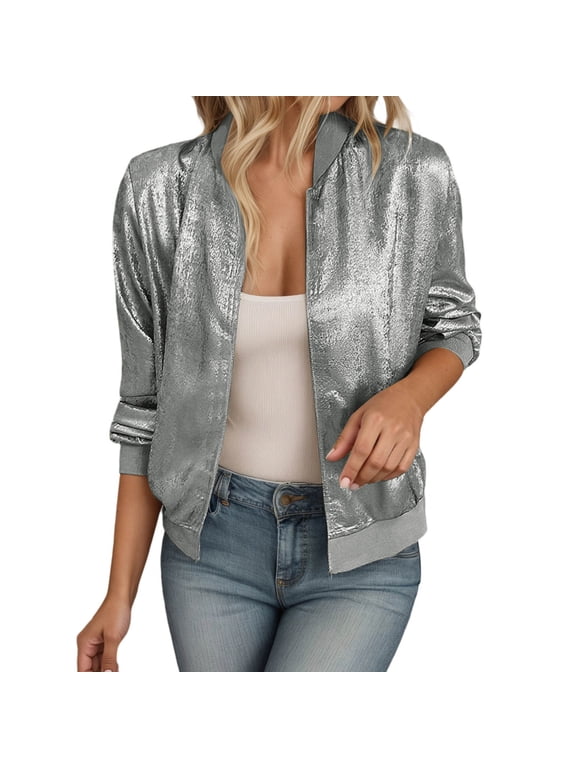Women's Metallic Zipper Bomber Disco Party Jackets Outwear Long Sleeve Lightweight Jacket Coats