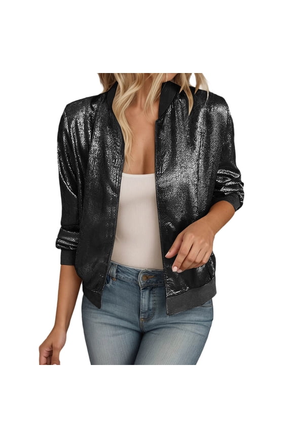 Women's Metallic Zipper Bomber Disco Party Jackets Outwear Long Sleeve Lightweight Jacket Coats