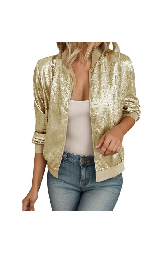 Women's Metallic Zipper Bomber Disco Party Jackets Outwear Long Sleeve Lightweight Jacket Coats