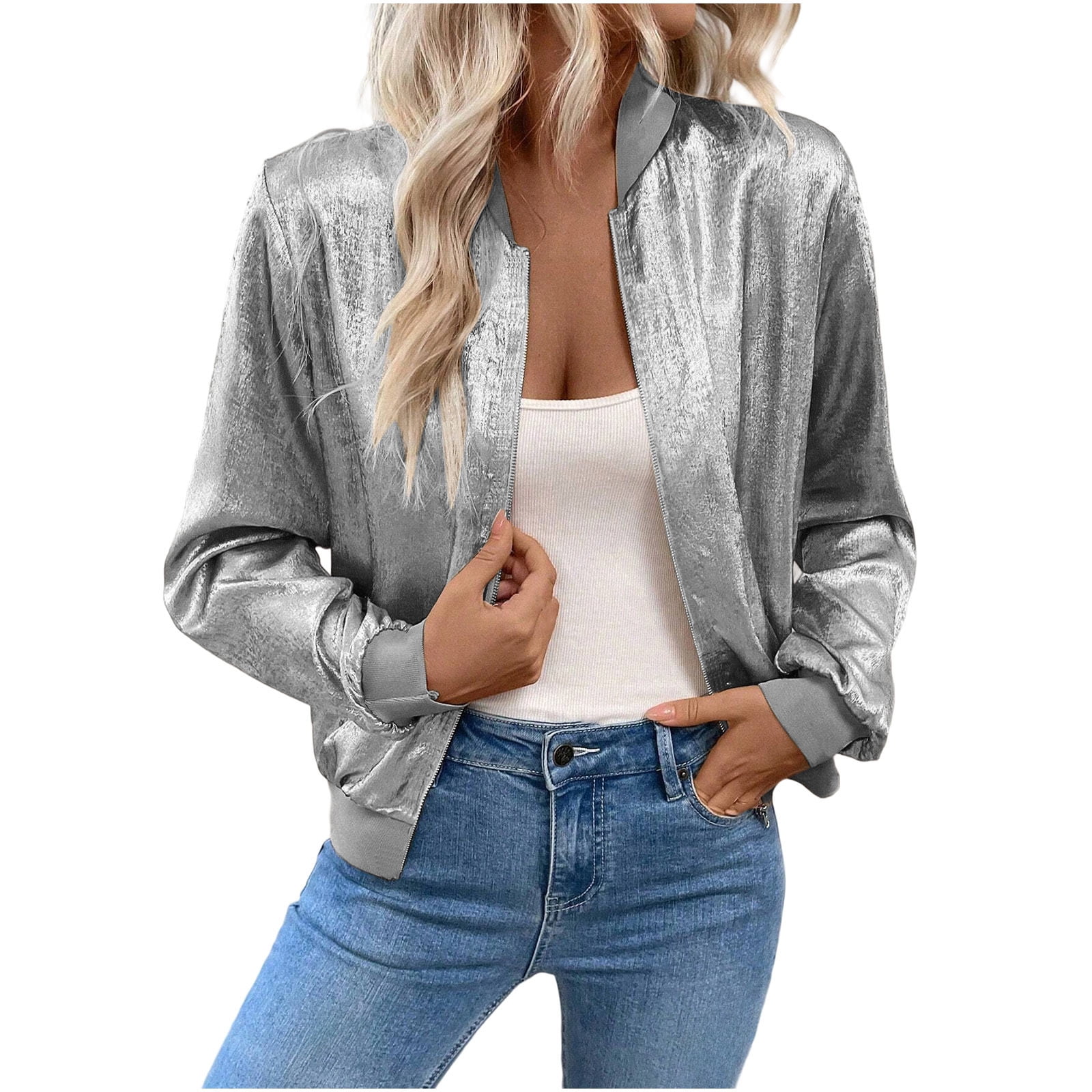 Women's Metallic Zipper Bomber Jacket Outwear Long Sleeve Lightweight Jacket Coats