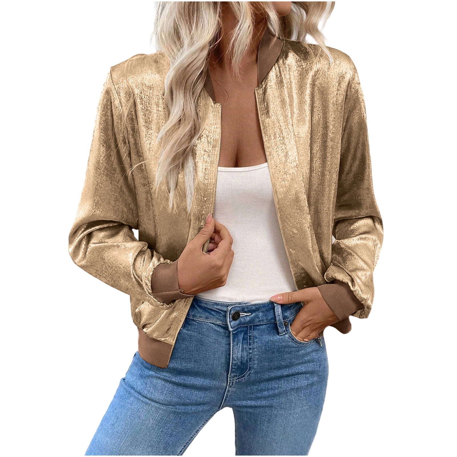 Women's Metallic Zipper Bomber Jacket Outwear Long Sleeve Lightweight Jacket Coats