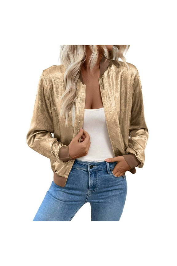 Women's Metallic Zipper Bomber Jacket Outwear Long Sleeve Lightweight Jacket Coats