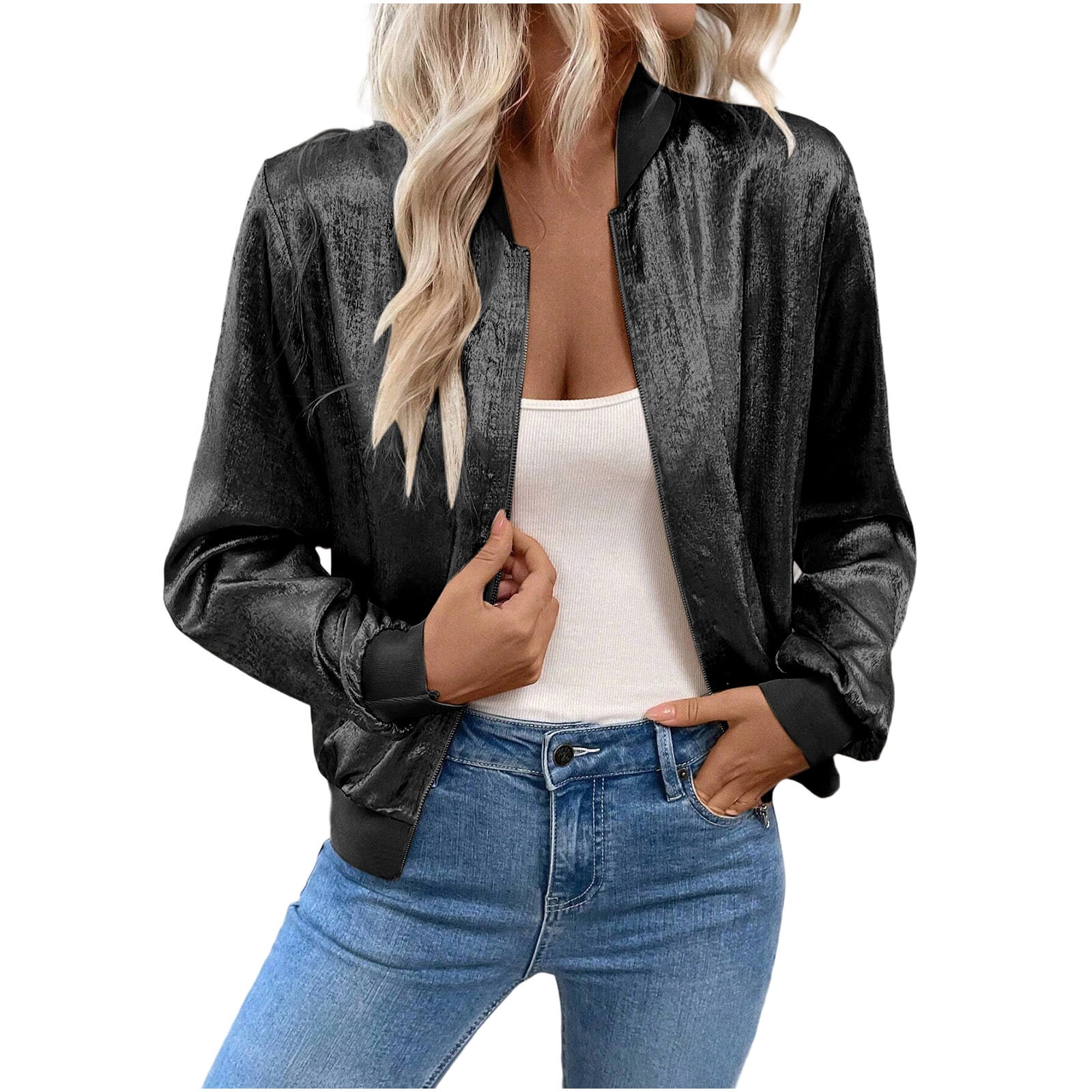 Women's Metallic Zipper Bomber Jacket Outwear Long Sleeve Lightweight Jacket Coats